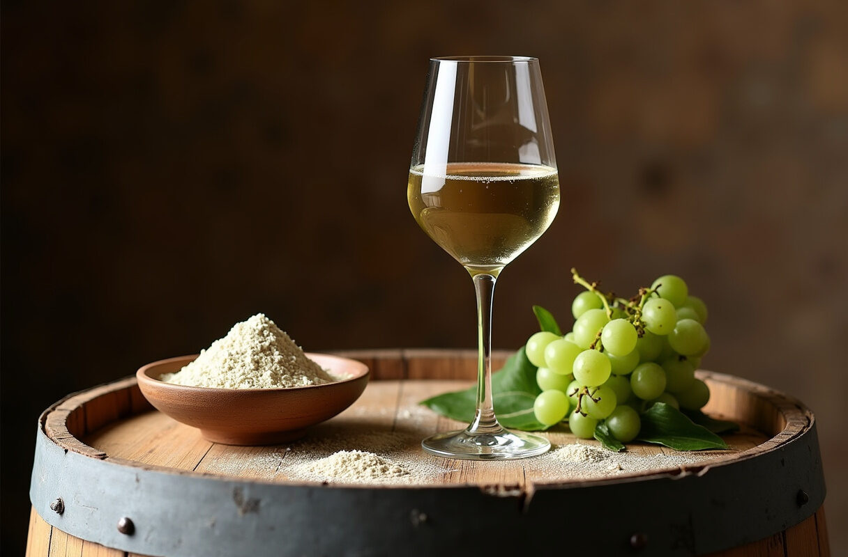 Ein Glas Weißwein auf einem Holzfass, daneben eine Schale mit Bentonit-Pulver und frischen Weinblättern.