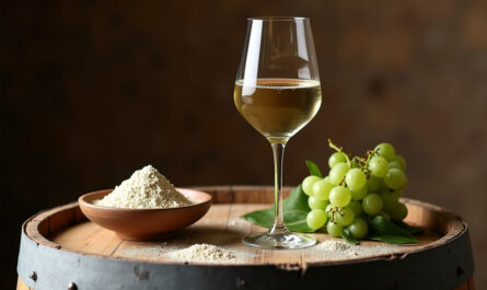Ein Glas Weißwein auf einem Holzfass, daneben eine Schale mit Bentonit-Pulver und frischen Weinblättern.