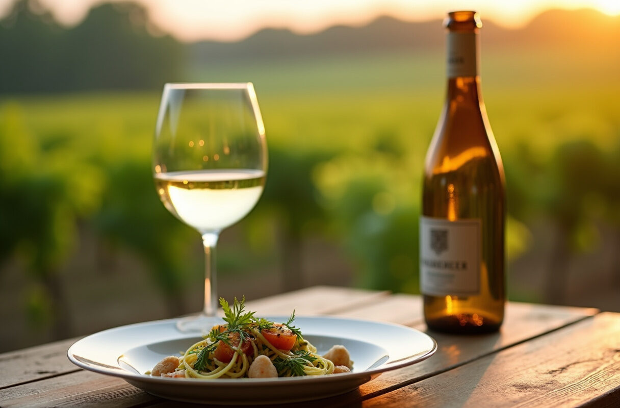 Ein Glas trockener Riesling steht auf einem Holztisch, im Hintergrund ein unscharfer grüner Weinberg bei Tageslicht.
