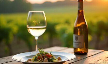 Ein Glas trockener Riesling steht auf einem Holztisch, im Hintergrund ein unscharfer grüner Weinberg bei Tageslicht.
