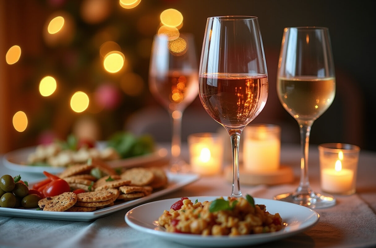 Gläser mit Rosé, Weißwein und Schaumwein stehen auf einem Tisch mit Snacks wie Oliven, Käse und Gemüsesticks.